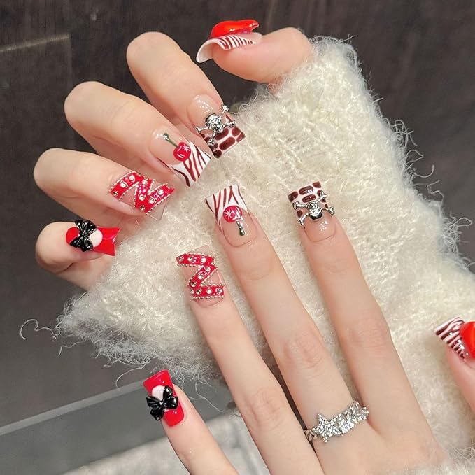 10Pcs Valentines Short Square Press on Nails Handmade Fake Nails French Red Lips Silver Skull Black Bow Design Valentine Full Cover Glue on Nails for Women