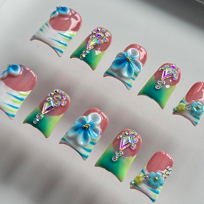 Luxury Press on Nails Short Duck Handmade 3D Unique Reusable ABS Material Fake Nails French Tip False Nails with Designs Floral Rhinestones Blue&Green Glossy Glue on Thick Acrylic Nails(M)