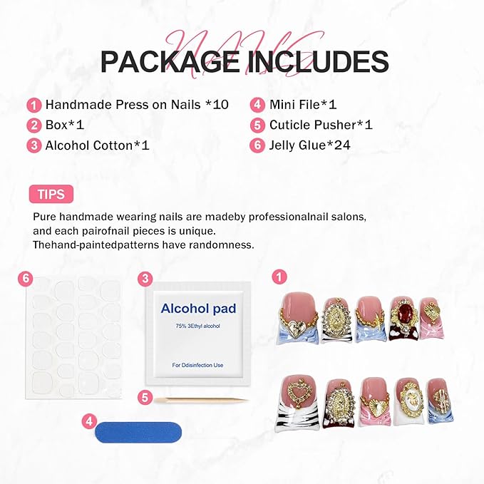 Handmade Press on Nails Kit Heart Fake Nail with Luxury 3D Rhinestone Designs Gradient French Tip Muti-Layer Gel Acrylic Nails Short Square False Nails Golden Embossed Stick on Nail for Women (Size S)