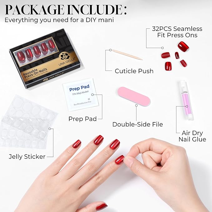 UNA GELLA 32Pcs Soft Gel Press on Nails - 16 Sizes Red Cat Eye Short Square Glue on Nails, Reusable Glitter Velvet Red False Nails, Full Cover Acrylic Nail Kit for Women DIY Home Manicure