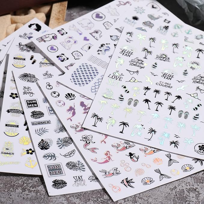 Silver Summer Nail Art Adhesive Sticker, Holographic Seaside Beach Nail Stickers Design, Mermaid Coconut Tree Flowers Leaf Animal Nail Art Decals for Women Manicure Charms Decor, Summer Transfer Decal