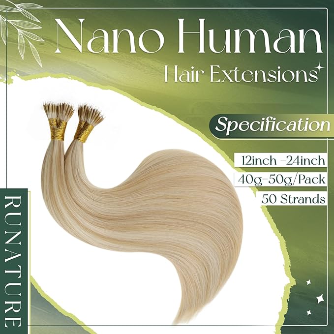 RUNATURE Nano Human Hair Extensions,Highlight Honey Blonde Nano Ring Hair Extensions Real Human Hair Blonde 16 Inch 50 Gram
