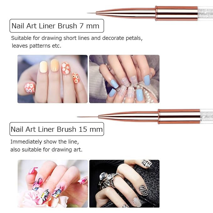 5pc Nail Art Brush Set - Rose Gold Rhinestone Handles with Gel Polish, Liner, Drawing Brushes for Salon & DIY Manicure