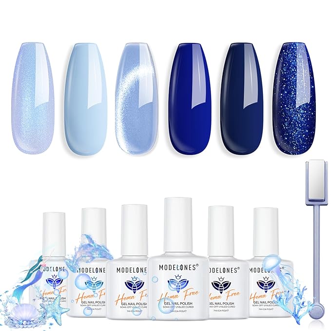 modelones Hema Free Gel Nail Polish, 6 Colors 2026 Spring Pastel Royal Navy Sky Icy Klein Blue Glitter Gel Polish Galaxy Dark Blue 9D Cat Eye Nail Polish with Magnet Soak Off Led Nail Art Kit
