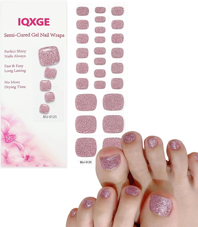 26 Pcs Semi Cured Gel Toe Nail Strips Pink Glitter Gel Nail Stickers Full Cover Pink Nails Wraps Self Adhesive Toe Nails Polish Strips Stickers for Women UV/LED Light Required