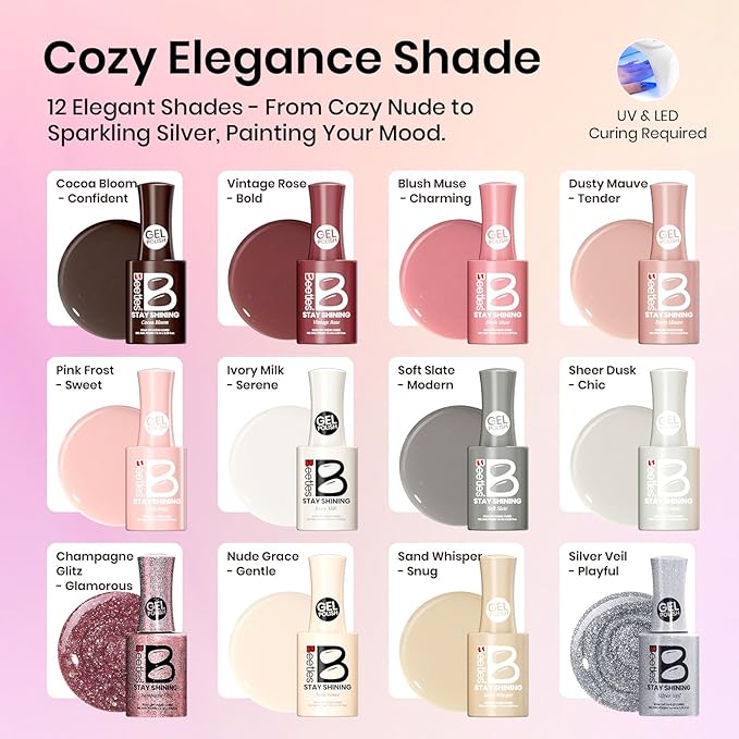Beetles Stay Shining 23 Pcs Gel Nail Polish Kit with UV Light,, 12 Color Nail Manicure Studio Kit Cozy Elegance and Base Gel Glossy &Matte Top Coat Cuticle Oil & Nails Tools, DIY Salon-Quality at Home