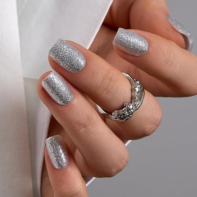 CurvLife Press On Nails Short Square Silver Sparkle Glitter, High-Shine Shimmer Finish Soft Gel Fake Nails, Reusable Salon-Style Manicure for Women Teens Beginners, 30pcs, Party Night Out