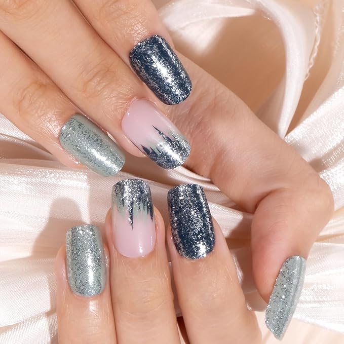 Curvlife Press on Nais Acrylic fake Nais with Design Full Cover False Nais or Women Reusable Nail Kit with Nail Glue Adhesive Tabs Nail File (cement gray gren,30pcs)