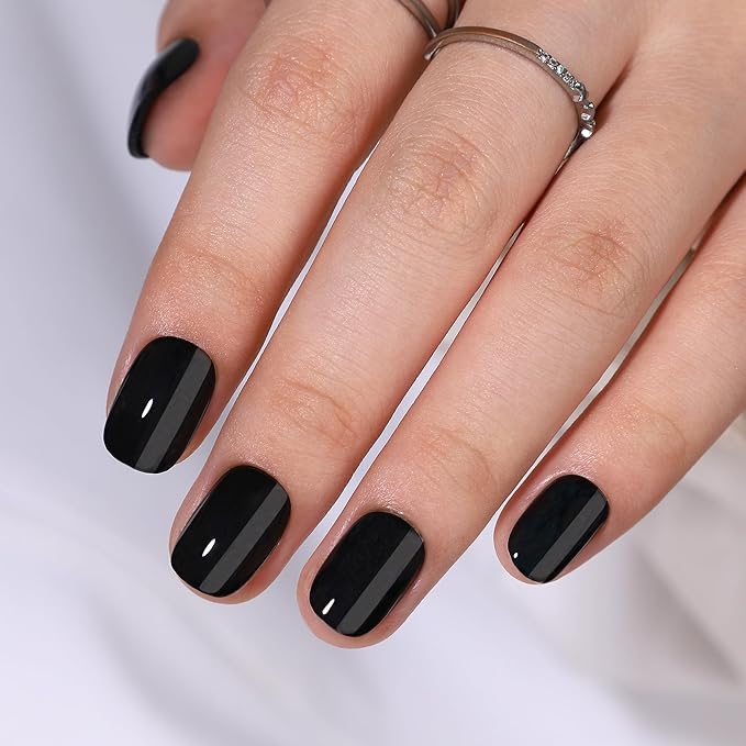 32Pcs Square Short Press on Nails - Short Black Press on Nails Almond Fake Nails with Glue,Seenssy Soft Gel Nail Tips for Women, Reusable Stick on Nails in 16 Sizes