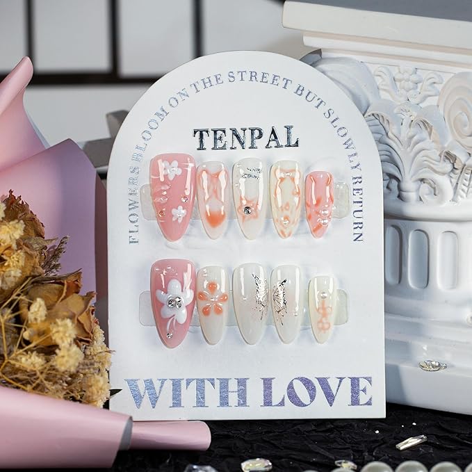 Handmade Press on Nails Medium Almond Pink Acrylic Nails with Hand Painted Versatile Floral Bow Tie Designs Full Cover Reusable Fake Nails Press Ons 10pcs/box Glossy Glue on Nails(M)