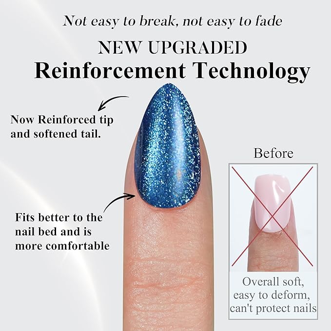Blue Press on Nails Almond, Jofay Fashion Cat Eye Press on Nails, Soft Gel Fake Nails, Reusable & Natural Acrylic False Nails, Stick on Nails for Women Girls Gift, Glue on Nails Kit 32 Pcs