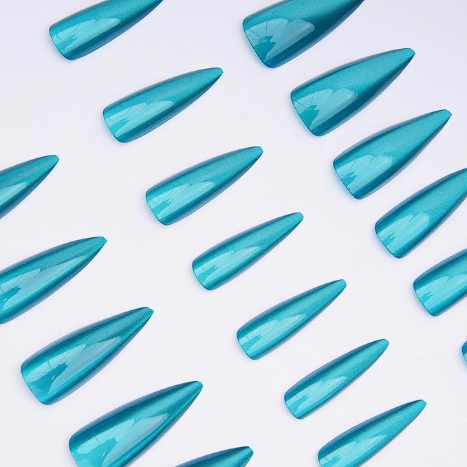 MISUD Press on Nails - Long Stiletto Fake Nails, Acrylic Summer Blue Green Cat Eye Design 24 pcs