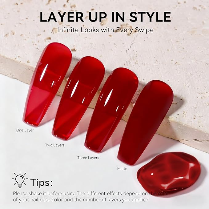 MEGIOR Jelly Red Gel Nail Polish 0.5 Fl Oz Red Transparent Colors Soak Off UV LED Lamp Light Cure Gel Polish Kit for Salon and Nail Art Starter Manicure DIY at Home
