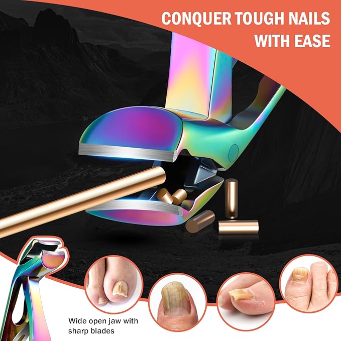 BEZOX Toe Nail Clippers for Seniors - Ergonomic Toenail Clipper for Thick Nails for Seniors, Angled Head Fingernail Clippers with Catcher for Men and Women - Rainbow