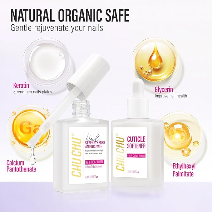 CHUCHU Nail Repair and Cuticle Remover Set: 2pcs 15ml Clear Nail Strengthening Polish for Peeling Thin Nails Women Home Salon Routine