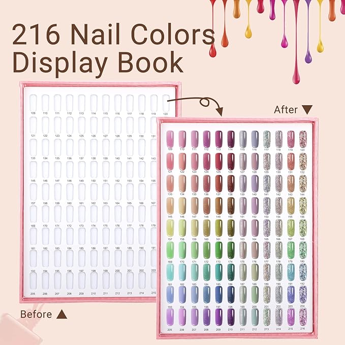 Segbeauty 216 Nail Colors Display Book, Nail Polish Organizer Colors Chart with 240 False Nails Tips, Professional DIY Fingernail Painting Stick Sample Card Practice Tool Salon Beauty Pink