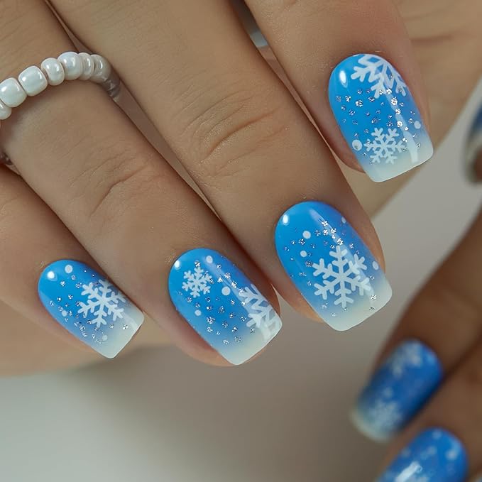 Curvlife Press On Nails – 30PCS Full Cover False Natural Fit Soft Gel Fake Nails Tips, Easy to Apply at Home Glue On False Nails Kit (Blue Ombre Nails with White Snowflakes, Medium)