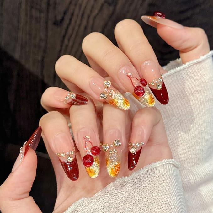 Handmade Press on Nails Square Sweet and Alluring Style Cherry Burgundy Nail Art with Rhinestone Embellishments Acrylic Nails Press on Handmade Nails Luxury Press on Nails（M）