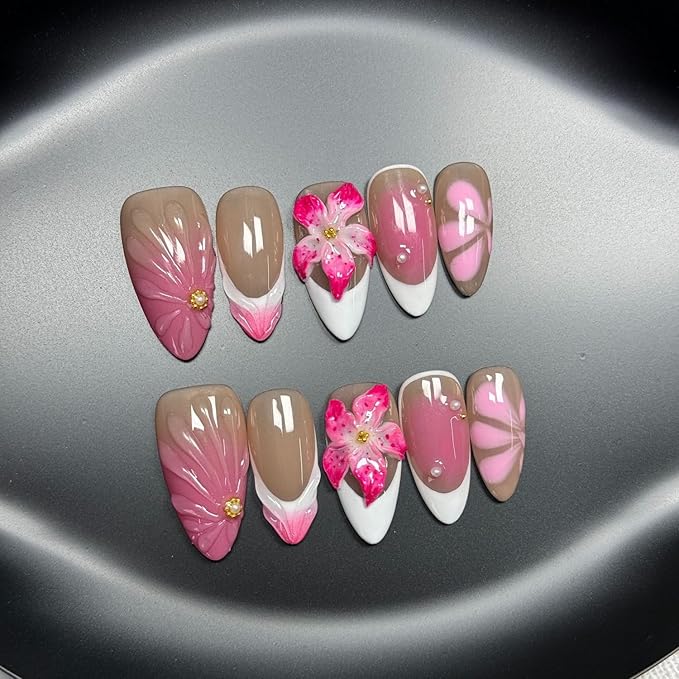 White French Tip Press on Nails Flower Fake Nails with 3D Water Rpple Luxury Pearl Designs Handmade Press on Nails Pink Gradient False Nail Full Cover Thick Acrylic Nail for Women Nail Art (Size S)