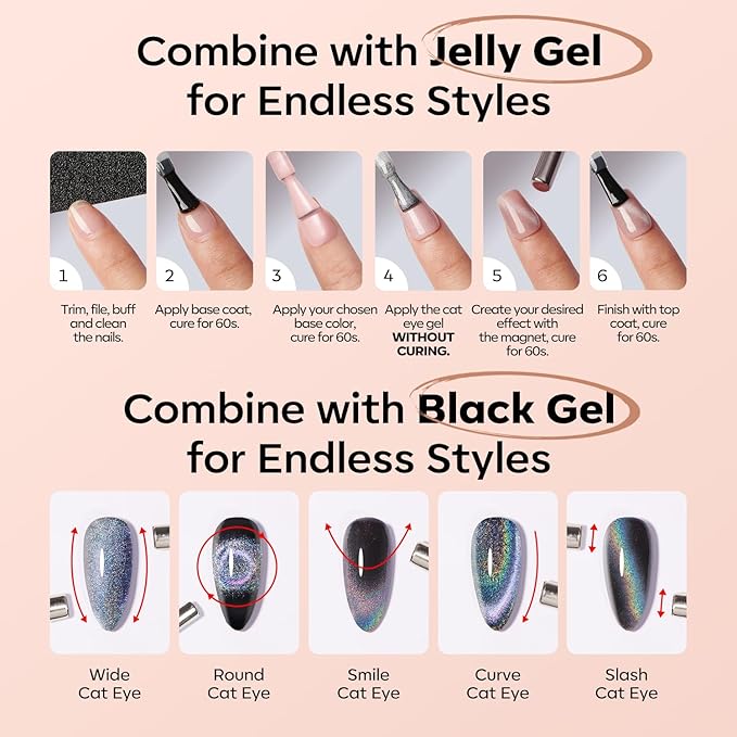 modelones Silk Cat Eye Gel Nail Polish Nude Silver Moonlight Glitter Holographic Glass Cat Eye Summer Jelly Shimmer Reflective Translucent U v Gel Magnetic Nail Polish 15 ML