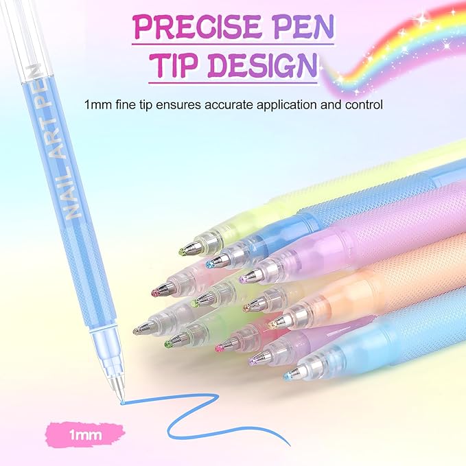 EBANKU 12 Colors Nail Art Pens Kit 1 MM Ultra-Fine Tip 3D Nail Polish Pens Quick-Dry Acrylic Paint Pens Nail Markers Dotting Tools for Holiday Nails Home & Salon Manicure