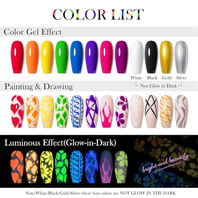 Glow in the Dark Paint for Nail Art Kit, 12 Colors Neon Luminous Polish, Fluorescent Bright Colors Yellow Green Blue Orange Soak off UV Gel With Glow Effect