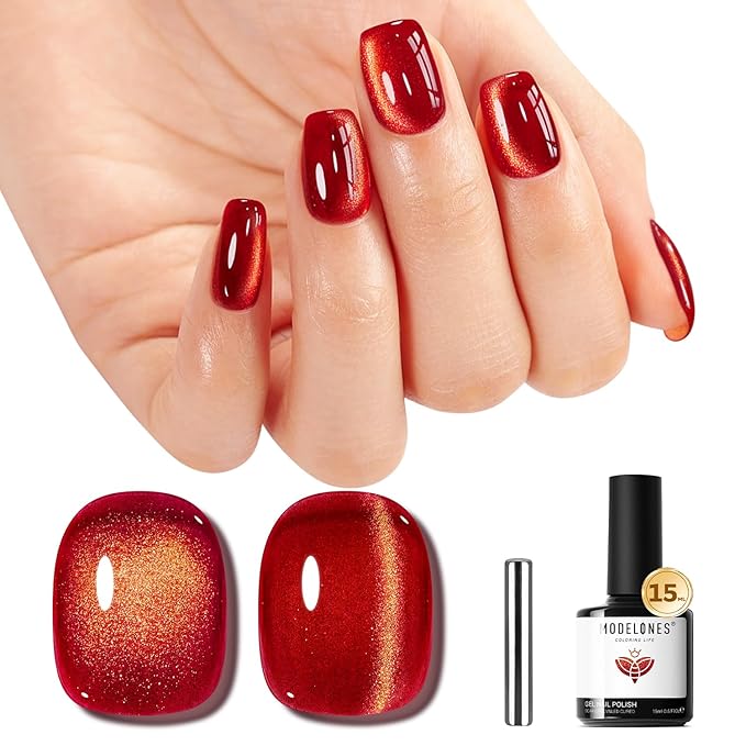 modelones Red Cat Eye Gel Nail Polish Glod Magnetic Glitter Holographic Red Ruby Valentine Gel Polish Reflective Jelly Translucent UV Gel Manicure 15 ML
