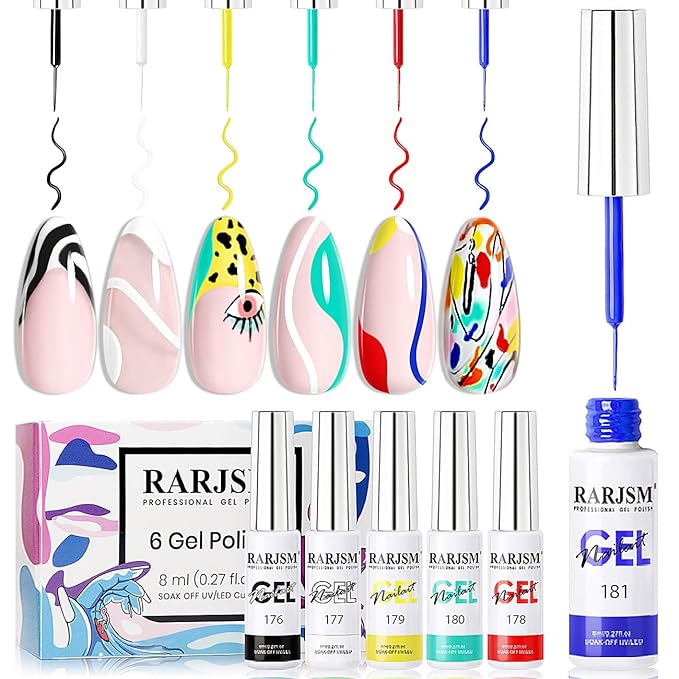 RARJSM Painted Gel Nail Polish Set,6pcs Black White Red Blue Green Yellow Liner Polish Pen UV LED Curing Requires Nail Painting Gel Polishes,Geometric 3D Nail Art DIY Nail Design