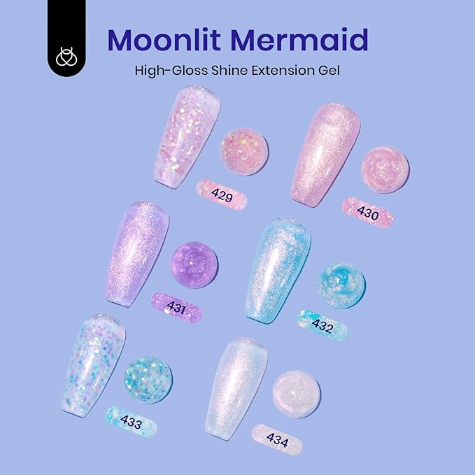 Beetles Poly Extension Gel Nail Kit 6 Colors Glitter Mermaid Glow Builder Nail Gel Kit with Slip Solution All-in-One Spring Summer Nail Art Supplies DIY Manicure Salon Gift for Women Girls