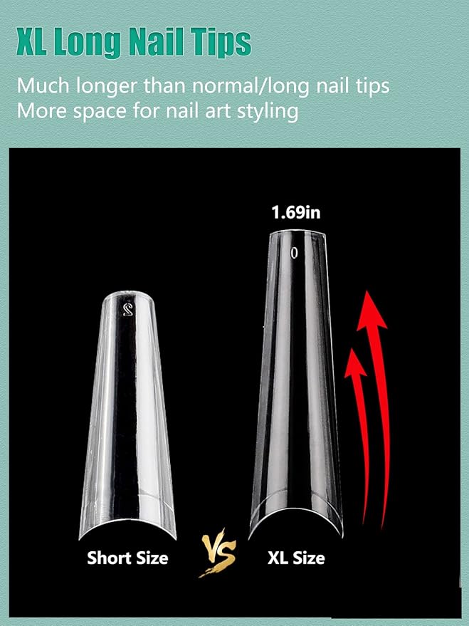 480PCS Extra Long Coffin Nail Tips, 2 Packs Half Cover Natural and Clear Nail Tips for Acrylic Nails Professional, 12 Sizes Artificial XXL Long False Ballerina Nail Tips for Nail Art Salons Home DIY