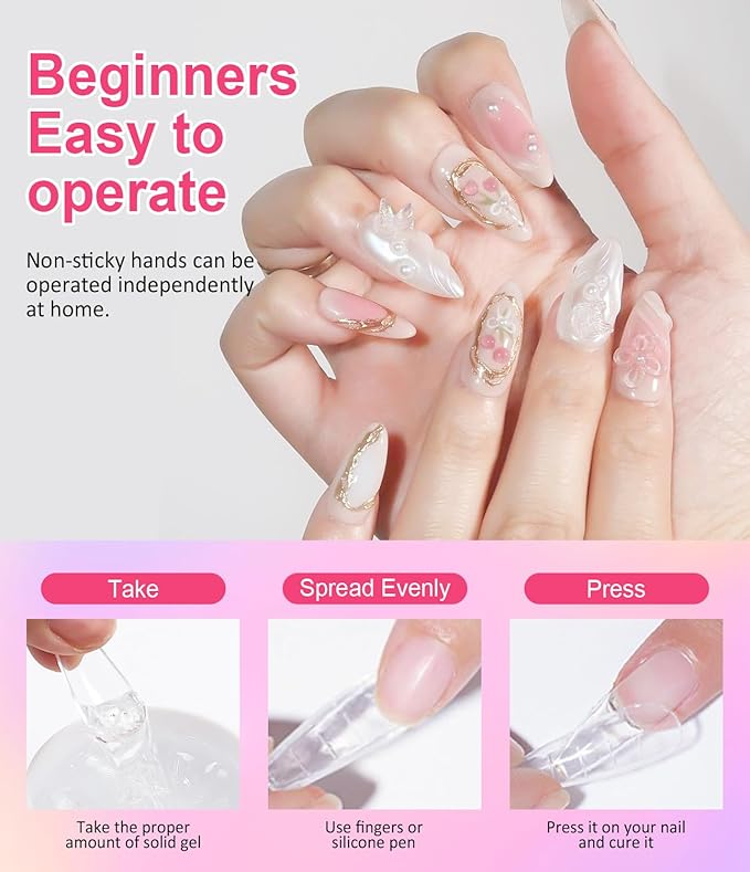 Solid Builder Gel For Nails BISHENGY - Non-Sticky Hand 3D Gel Nail Art Easy Shape Clear Pink Aurora Glitter 3D Sculpting for Extensions & Carving Molding Sculpture with Silicone Mold Home DIY