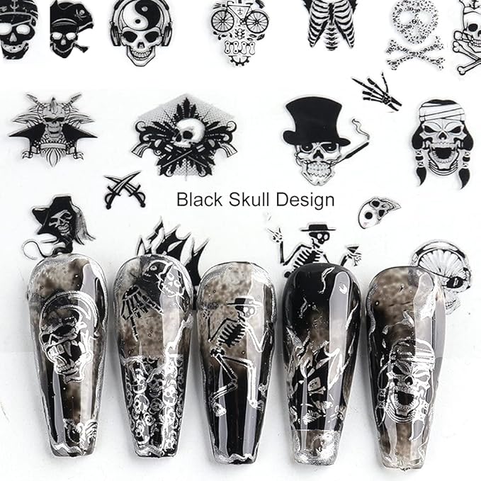 25 Sheets Halloween Water Transfer Nail Stickers Nail Art Decals,10 Sheets Punk Skull Nails Foil Transfer Stickers,Grimace Skull Eye Spider DIY Decals for Halloween Party(35 Pcs)