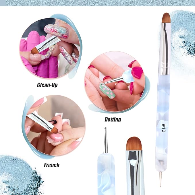 French Manicure Brush - Two Way Nail Art Brush with Dotting Tool for Cuticle Clean Up & Nail Art Design - Professional Salon Quality, Blue (12#)