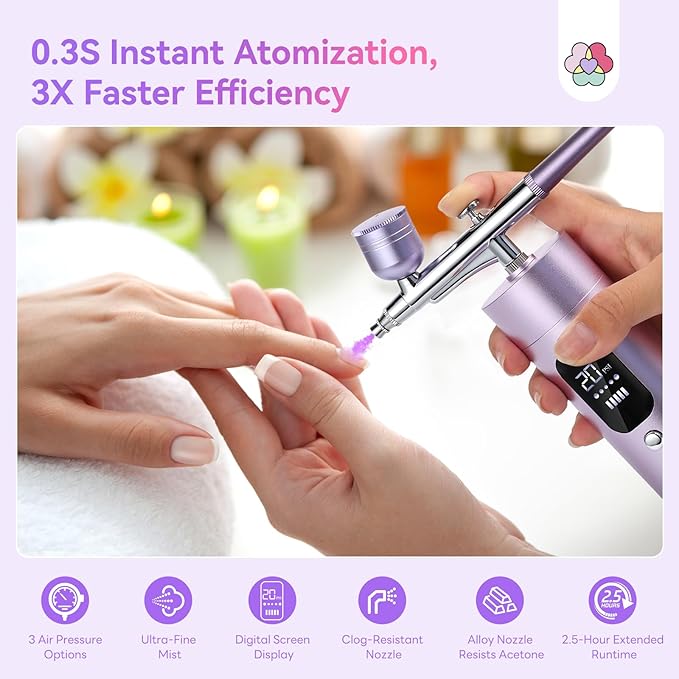SAVILAND Airbrush Kit for Nails: 30 PSI LCD Display Airbrush Kit with Compressor Rechargeable Nail Airbrush Machine with 0.3mm Nozzle Cordless Portable Air Brush Painting Set for Nail Art