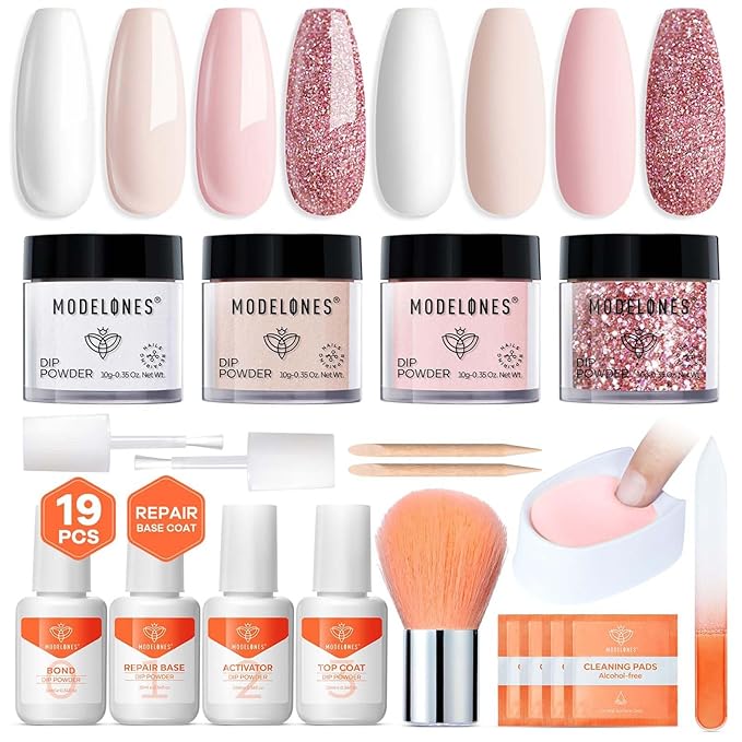 Modelones Pink Dip Powder Nail Kit, 4 Colors White Nude Glitter Dipping Starter Set with Liquid and Complete Accessories for French Nails Art Salon DIY at Home Gifts for Women