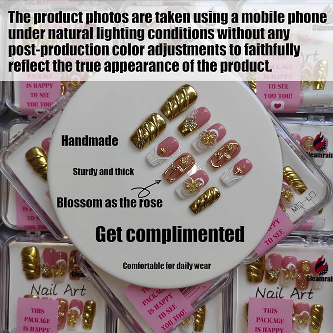 Medium Press on Nails Square Professional Handmade Press-on Nails with Flower and Gold Design for Women 10pcs M Size Pattern 1104