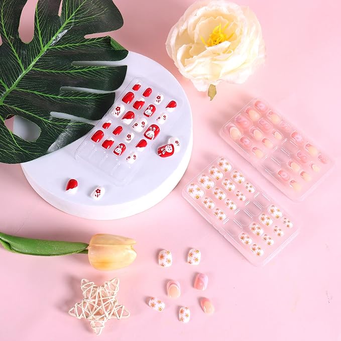 Laza 72pcs Children Nails Press On Pre-glue Full Cover Red Heart Pink French Manicure Short False Nail Kits for Kids Teenager Girls - Flower Rabbit