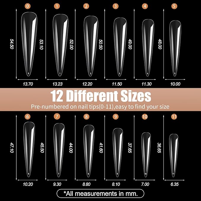Long Stiletto Nail Tips, 240Pcs Full Cover Soft Gel Nail Tips Pre-shaped 3XL Shape Clear Acrylic False Nail Fake Nail Extension Press On for Salon Home DIY 12 Sizes