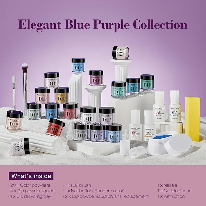 31Pcs Dip Nails Powder Starter Kit, AZUREBEAUTY 20 Colors Purple Blue Glitter Dipping Powder Recycling Tray Liquid Set with Base Top Coat Activator for French Nails Art Manicure DIY Home Salon