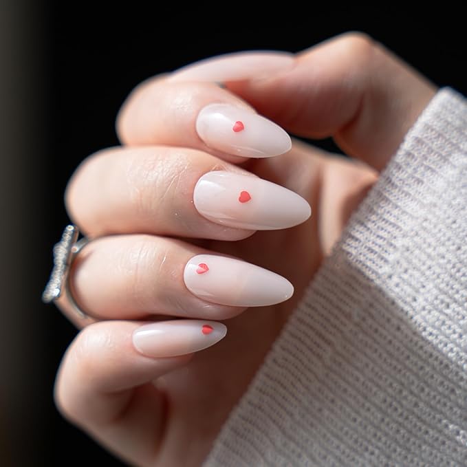 30Pcs Almond Press On Nails - Supremely Fit & Natural Soft Gel Almond Nails,15 Sizes, Reusable Fake Nails Kit with Gift Box for Women (Pink Heart)