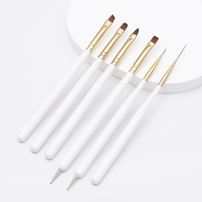 Nail Art Brushes, 6Pcs Nail Art Painting Tools with Nail Art Fine Liner Brush, Nail Design Painting Brushes Set, Builder Gel Brush, Nail Dotting Pen for Gel Polish Manicure Salon DIY, White