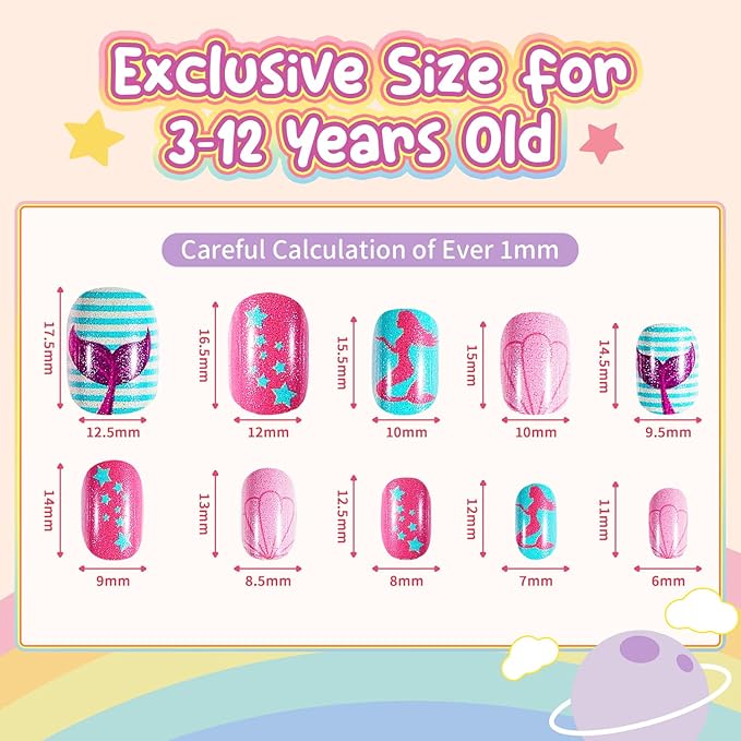 Modelones Press on Nails for Kids 144Pcs 6 Pack Children Acrylic Fake Nails Pre-glue Full Cover Glitter Color Mermaid Beach Short False Nail Art Kits Sets Thanksgiving Christmas Gifts for Girls