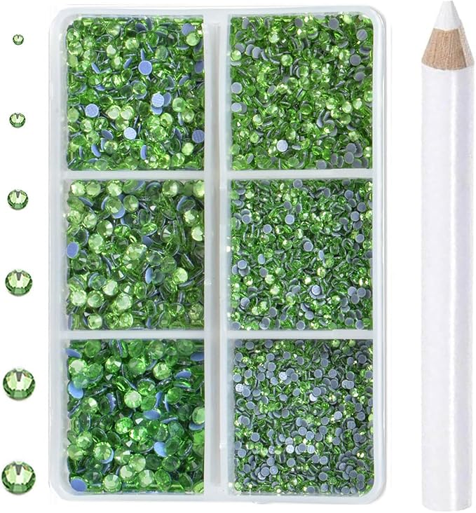 8000pcs Hotfix Rhinestones Flatback,Rhinestones for Crafts Clothes Mixed 6 Sizes, Hotfix Crystals with Wax Pencil Kit, SS3-SS12,Peridot