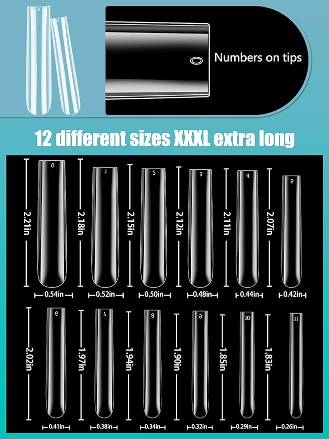 504PCS 3XL Clear Nail Tips for Acrylic Nails Professional, XXXL Extra Long Tapered Square Full Cover Nail Tips, 12 Sizes Ballerina Straight Artificial Press on Fake Nail Tips for Nail Salons Home DIY