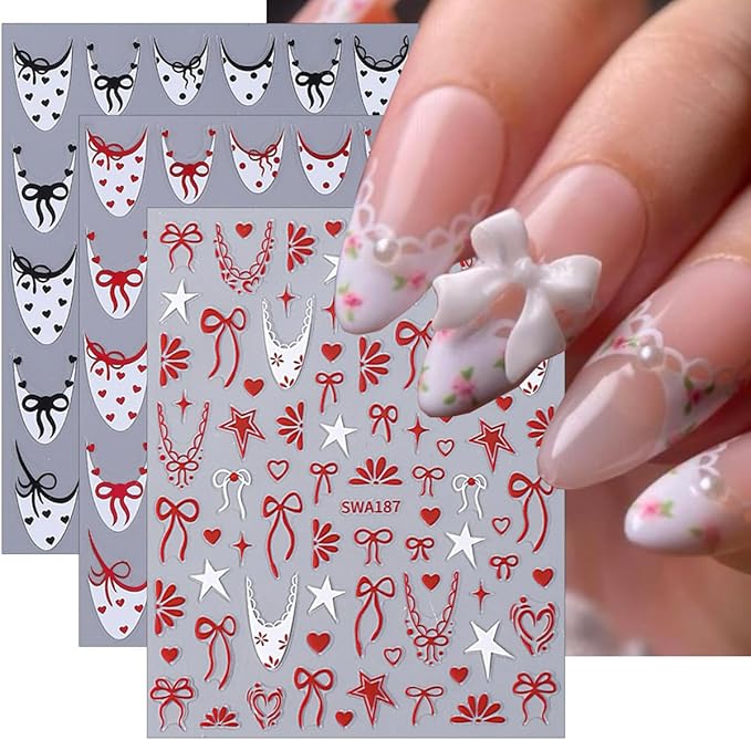 6 Sheets French Tip Nail Sticker for Nails Art Valentines Nail Art Stickers Black White Red French Tip Bow Designs 3D Self-Adhesive Cute Nail Decals for Women Manicure Decorations Supplies