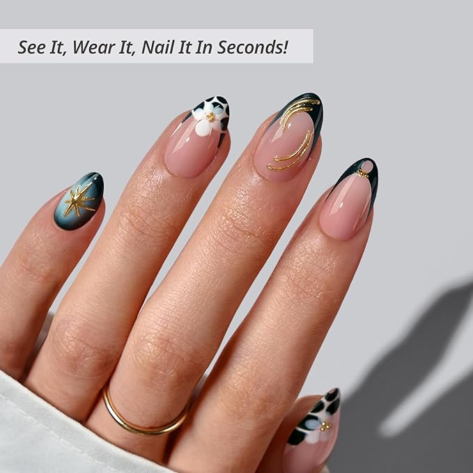BTArtbox French Tip Press On Nails - Green Romance, Short Almond Press On Nails with Glue and Adhesive Tabs for Women in 16 Sizes - 32 Soft Gel Glue On Nails Kit
