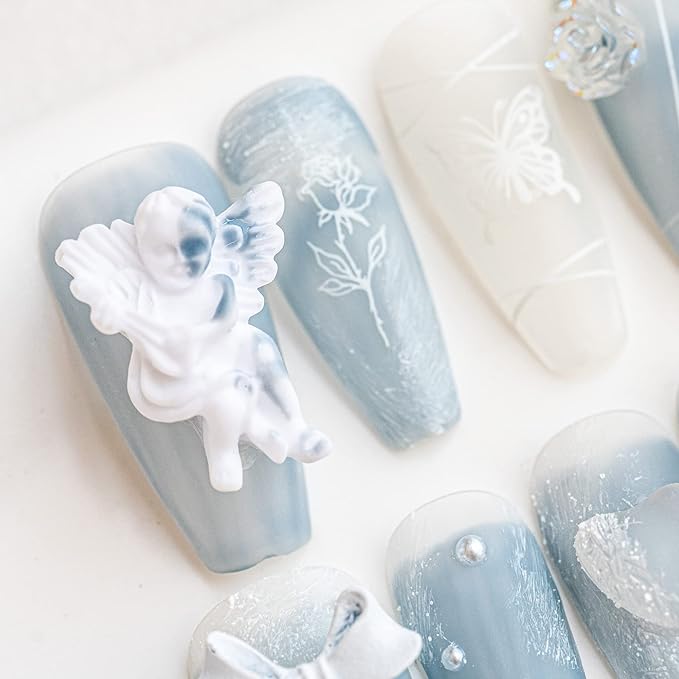Sun&Beam Nails Handmade Press On Nail Coffin Ballerina 3D Accessories Blue Acrylic Fake Tip Design Art Charms Cute with Storage Box 10 Pcs (008 XS)
