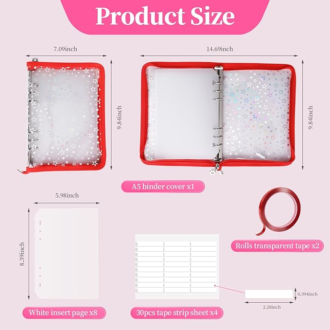 Press on Nail Organizer Binder Book, 8 A5-Sized Insert Pages & Double Sized Tape, Press on Nails Display Storage Book, Reusable Fake Nail Swatch Collecting Book (Red Star)