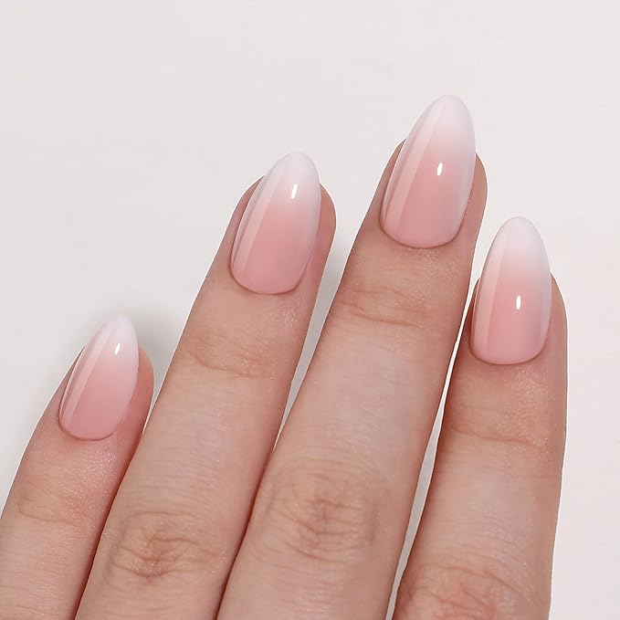 Gel Press On Nails - Short White Ombre, Almond Shape, Artificial Nails - 16 Sizes, 32pc Reusable Kit