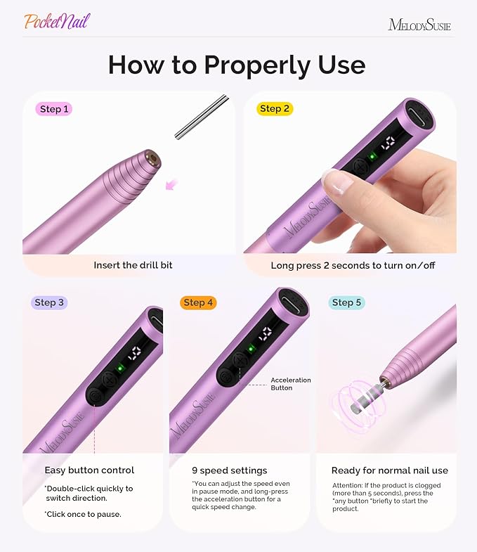 MelodySusie PocketNail Pen-Shaped Cordless Modular Nail Drill, Extended Kit, PC100GR 20000RPM Slim Portable Rechargeable Electric File for Nail Care & Gel Removal at Home for Beginners, Grape Ice